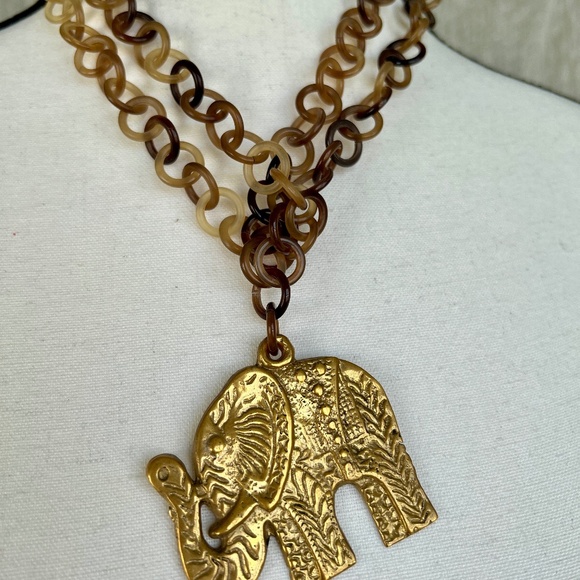Buffalo Horn Link Necklace with Brass Elephant Pendant 40” Extra Long - Picture 1 of 8